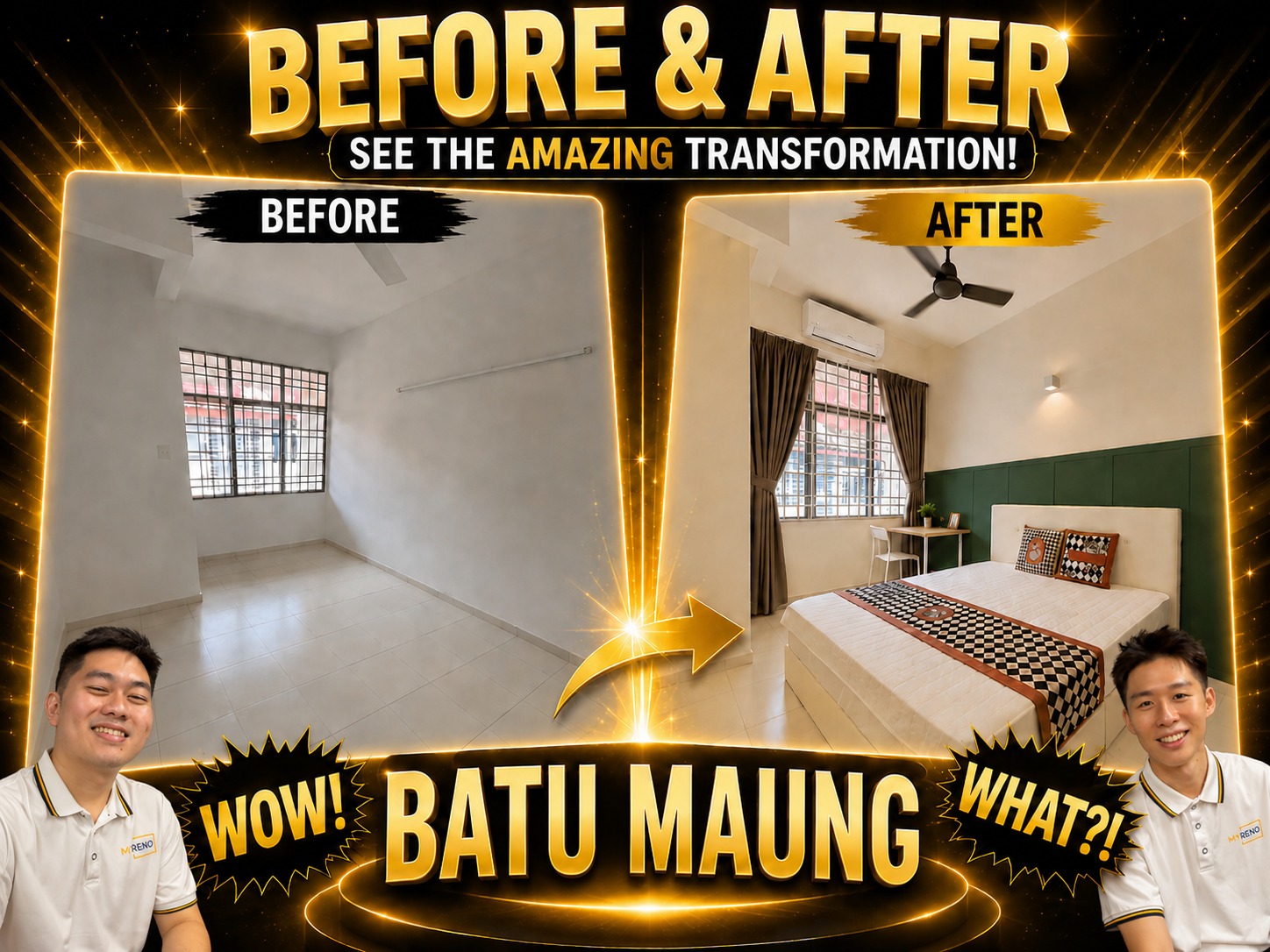 MyReno and MyRoom Penang before and after room transformation at Batu Maung landed unit — renovated by MyReno then managed by MyRoom co-living, generating RM 4,450 per month across 5 rooms