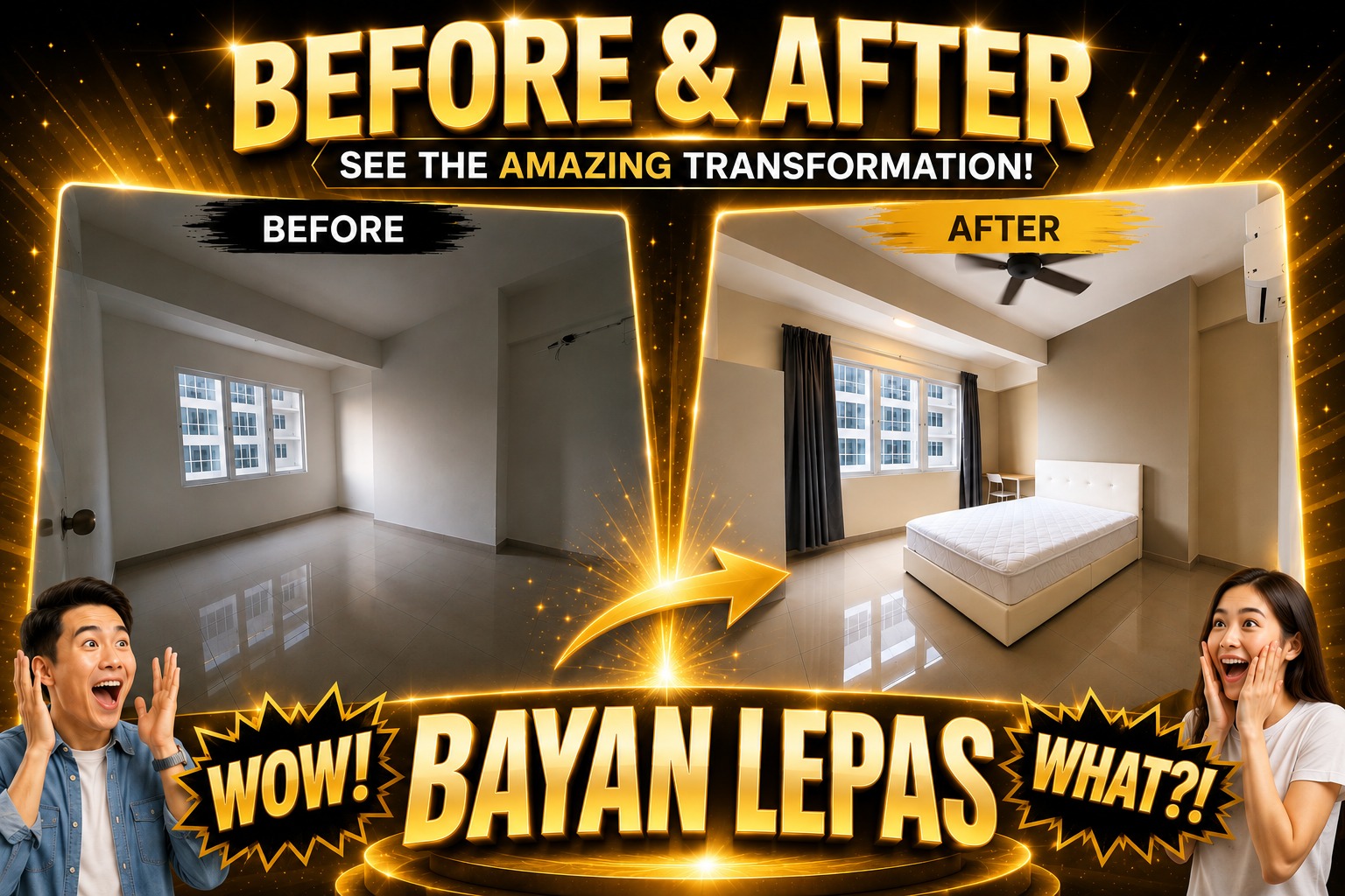 MyReno and MyRoom Penang before and after room transformation at Imperial Grande condo, Bayan Lepas — renovated by MyReno then managed by MyRoom co-living, generating RM 2,750 per month across 4 rooms