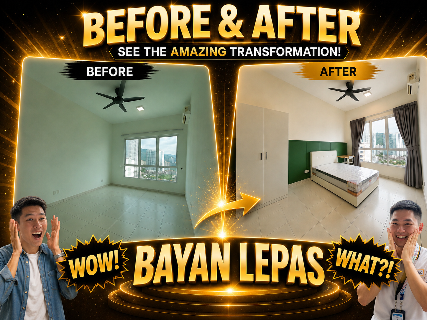 MyRoom Penang before and after room transformation at Jalan Sungai Ara Semi-D, Bayan Lepas — vacant unit converted to 6 co-living rooms generating RM 4,150 per month